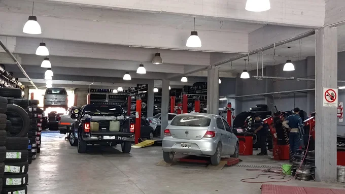 Taller con elevadores y mecánicos trabajando